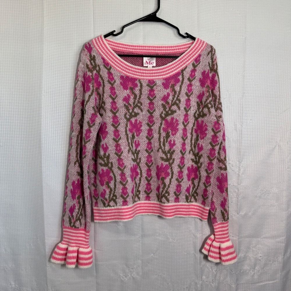 So Me Floral Knit Sweater Wool Blend Ruffle Cuff Pink Crew Neck Coquette Large